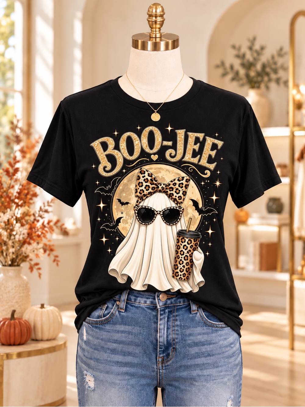 BOO-JEE Leopard Ghost Graphic Halloween Tee, Sizes M-2X NEW - Picture 2 of 8